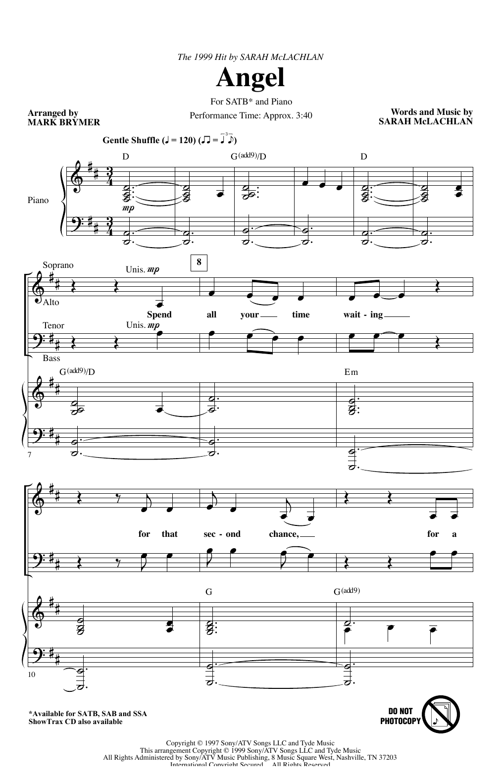 Download Sarah McLachlan Angel (arr. Mark Brymer) Sheet Music and learn how to play SATB Choir PDF digital score in minutes