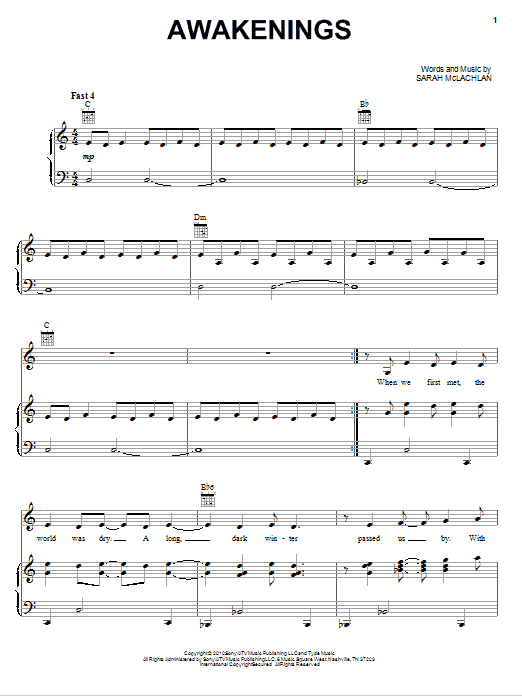 Download Sarah McLachlan Awakenings Sheet Music and learn how to play Piano, Vocal & Guitar (Right-Hand Melody) PDF digital score in minutes