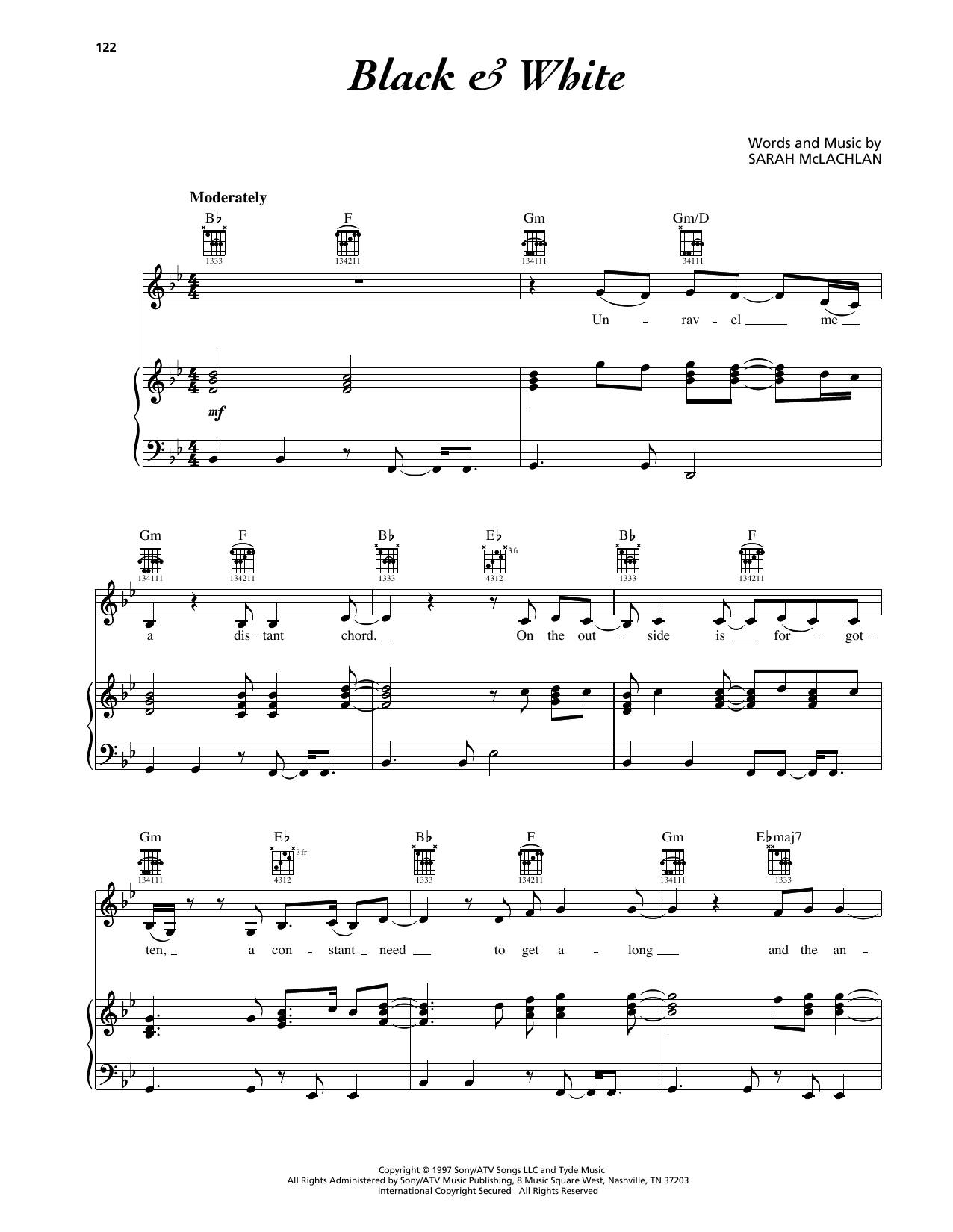 Download Sarah McLachlan Black & White Sheet Music and learn how to play Piano, Vocal & Guitar Chords (Right-Hand Melody) PDF digital score in minutes