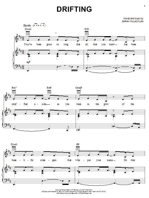 Download Sarah McLachlan Drifting Sheet Music and learn how to play Piano, Vocal & Guitar (Right-Hand Melody) PDF digital score in minutes