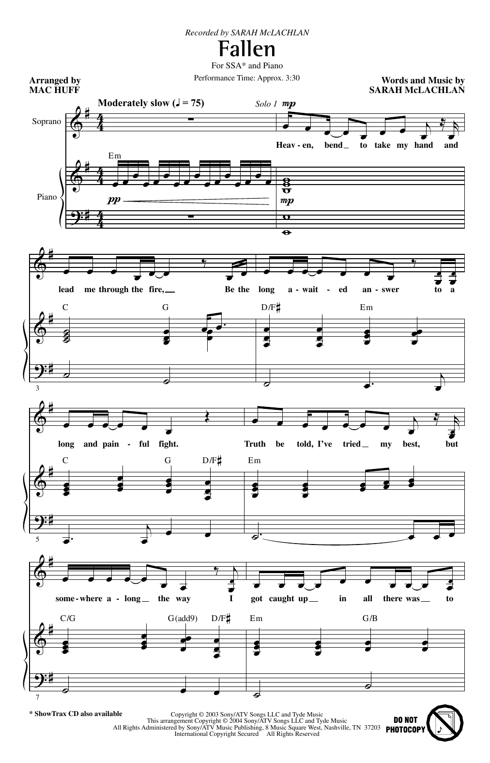 Download Sarah McLachlan Fallen (arr. Mac Huff) Sheet Music and learn how to play SSA Choir PDF digital score in minutes