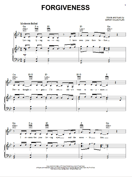 Download Sarah McLachlan Forgiveness Sheet Music and learn how to play Piano, Vocal & Guitar (Right-Hand Melody) PDF digital score in minutes