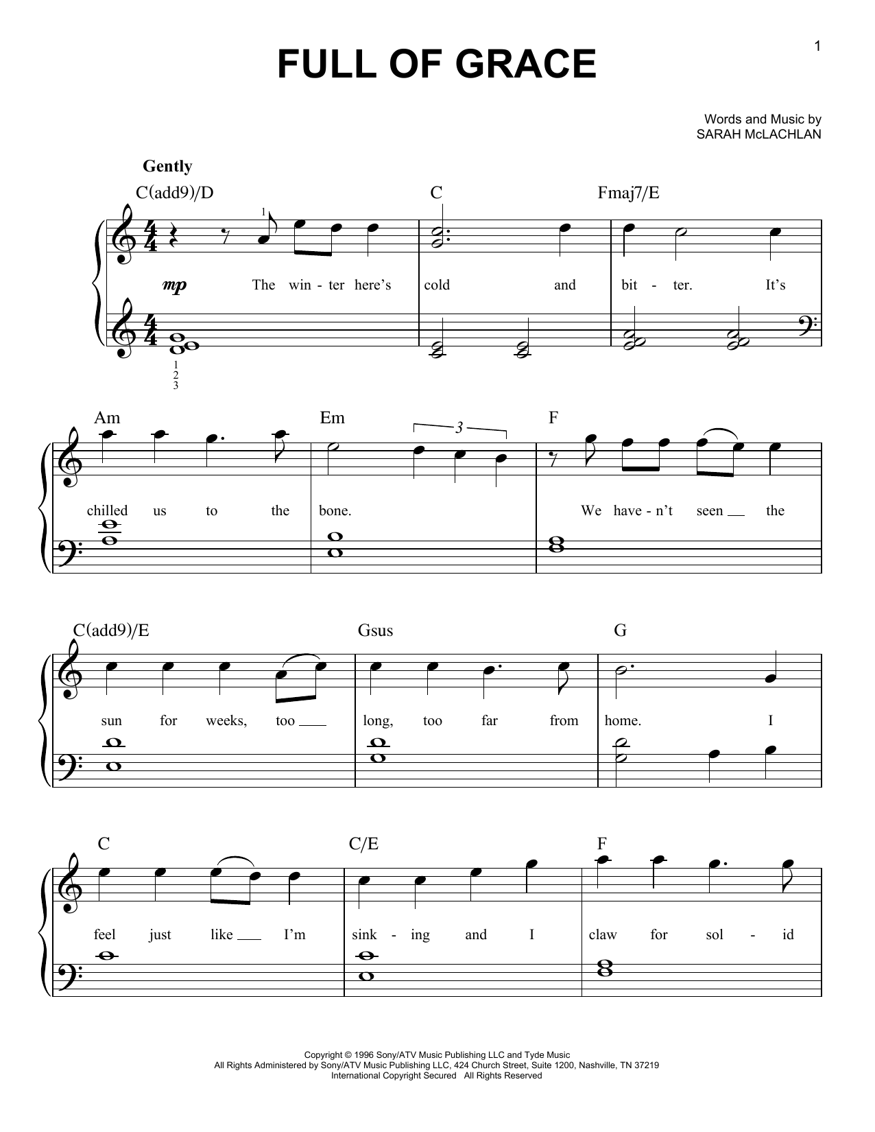 Download Sarah McLachlan Full Of Grace Sheet Music and learn how to play Easy Piano PDF digital score in minutes