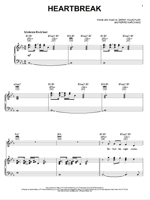 Download Sarah McLachlan Heartbreak Sheet Music and learn how to play Piano, Vocal & Guitar (Right-Hand Melody) PDF digital score in minutes