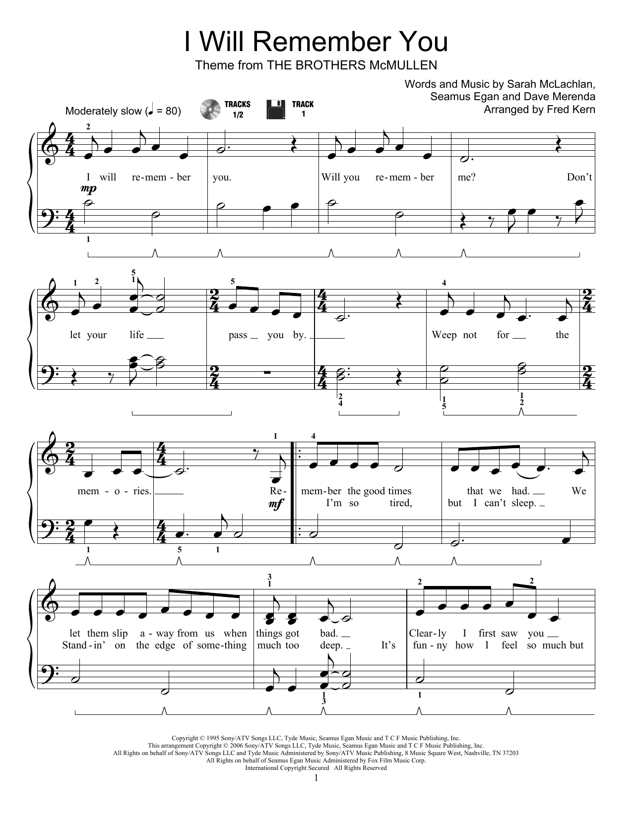 Download Sarah McLachlan I Will Remember You (arr. Fred Kern) Sheet Music and learn how to play Educational Piano PDF digital score in minutes
