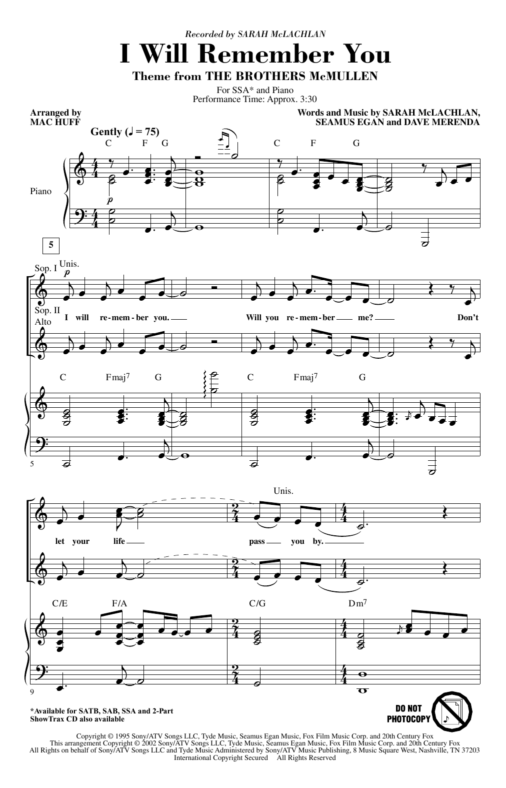 Download Sarah McLachlan I Will Remember You (arr. Mac Huff) Sheet Music and learn how to play SATB Choir PDF digital score in minutes