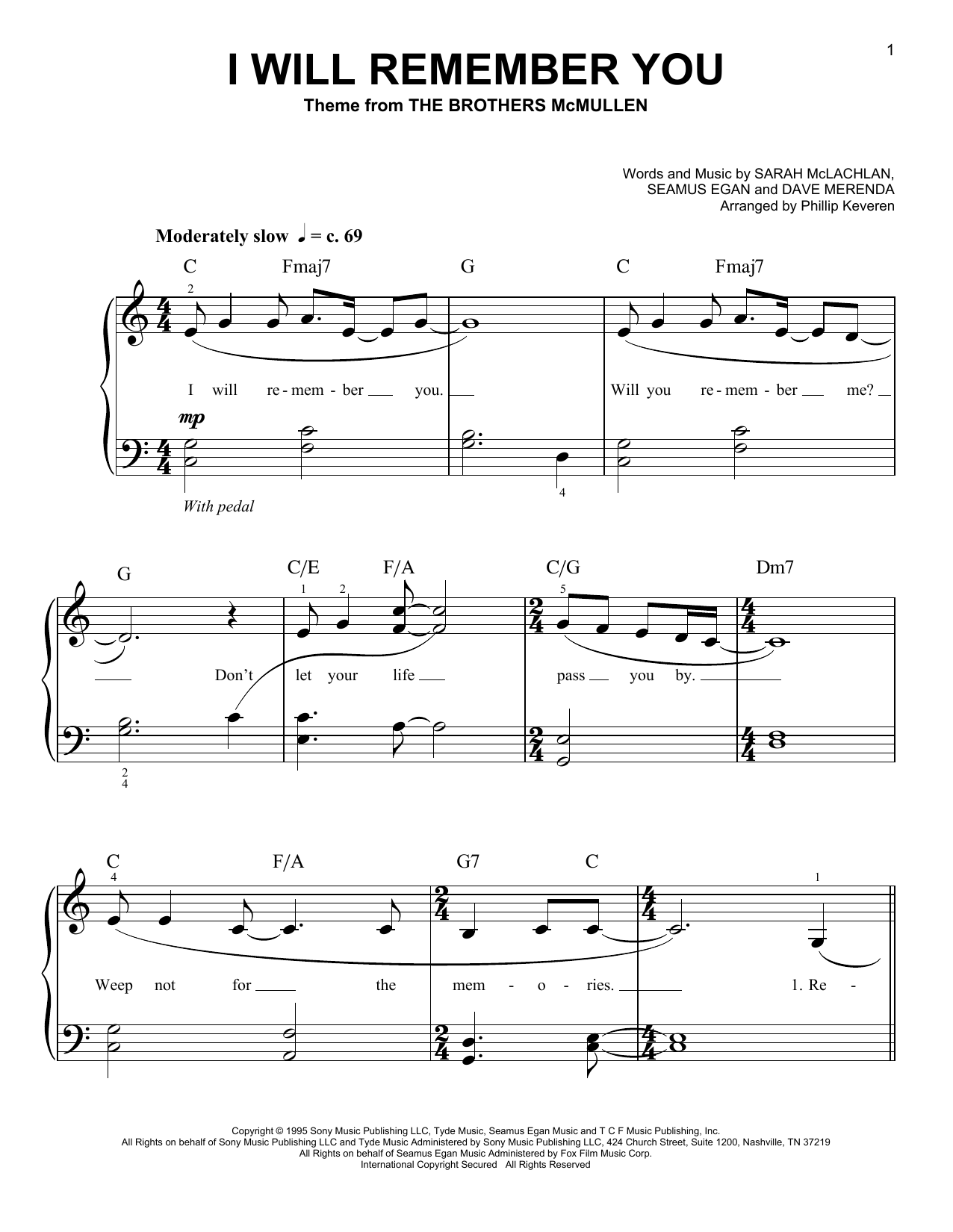 Download Sarah McLachlan I Will Remember You (arr. Phillip Keveren) Sheet Music and learn how to play Easy Piano PDF digital score in minutes