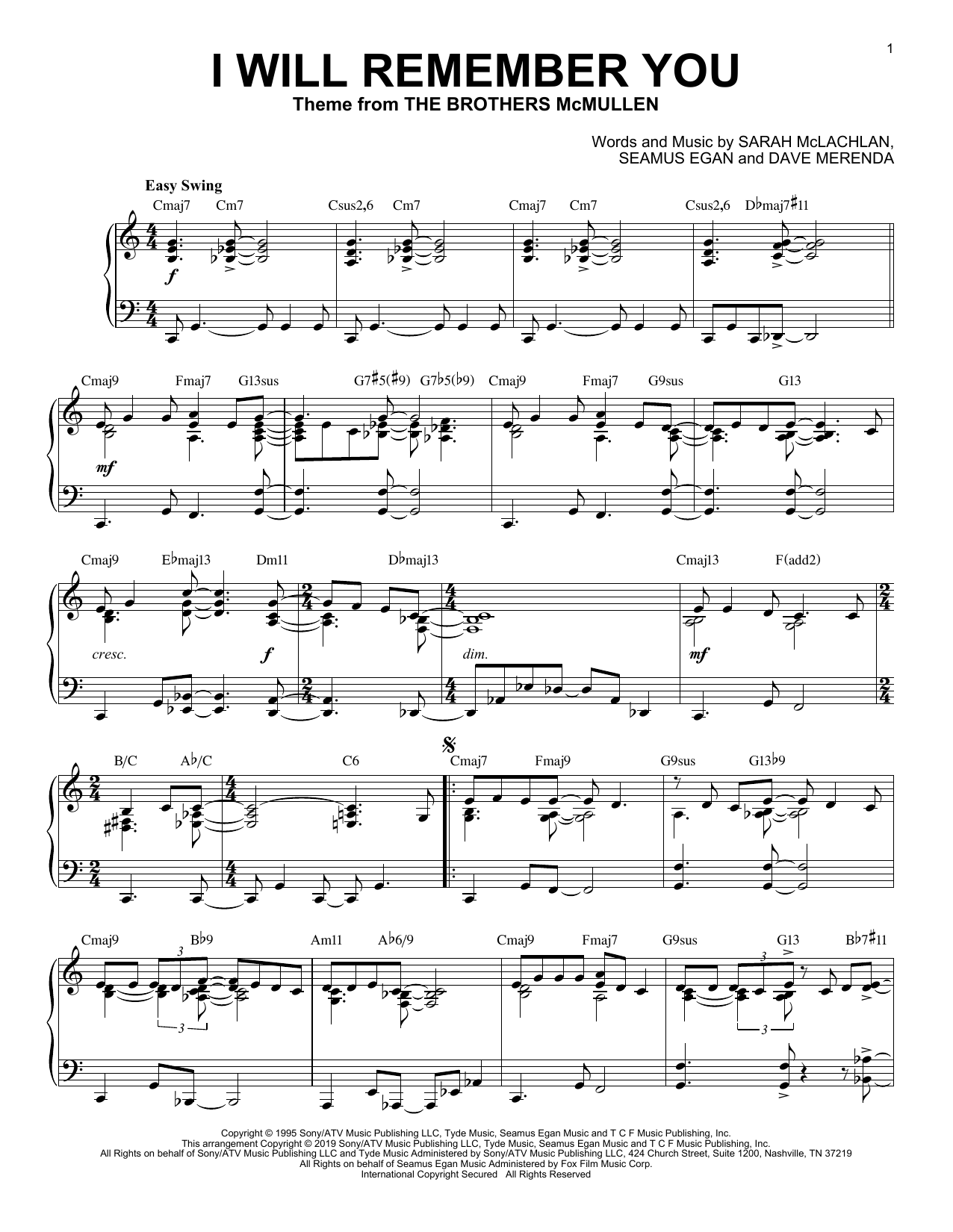 Download Sarah McLachlan I Will Remember You [Jazz version] Sheet Music and learn how to play Piano Solo PDF digital score in minutes