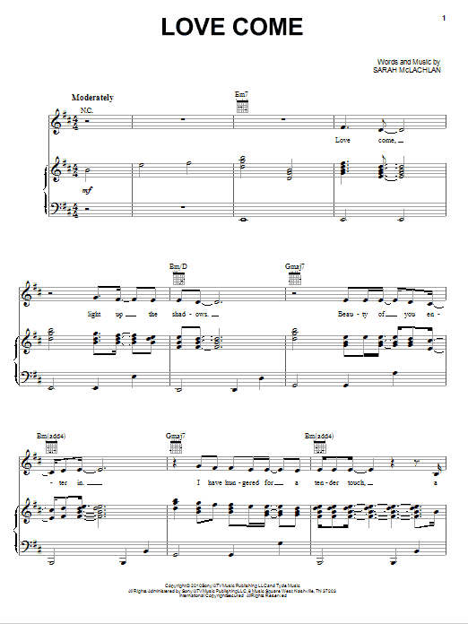 Download Sarah McLachlan Love Come Sheet Music and learn how to play Piano, Vocal & Guitar (Right-Hand Melody) PDF digital score in minutes