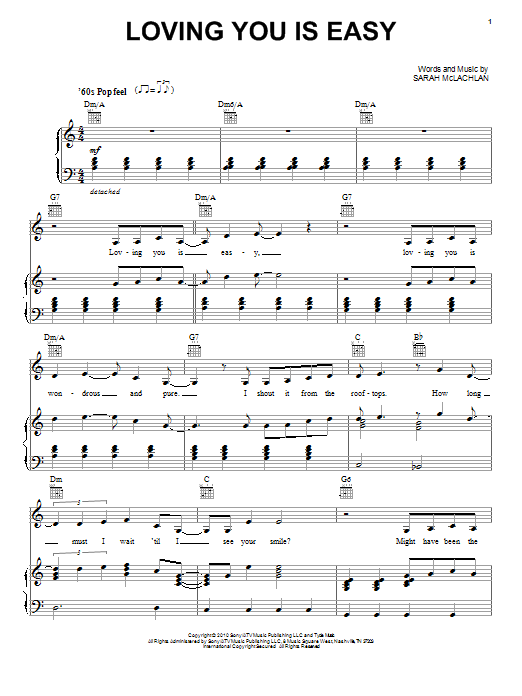 Download Sarah McLachlan Loving You Is Easy Sheet Music and learn how to play Easy Piano PDF digital score in minutes
