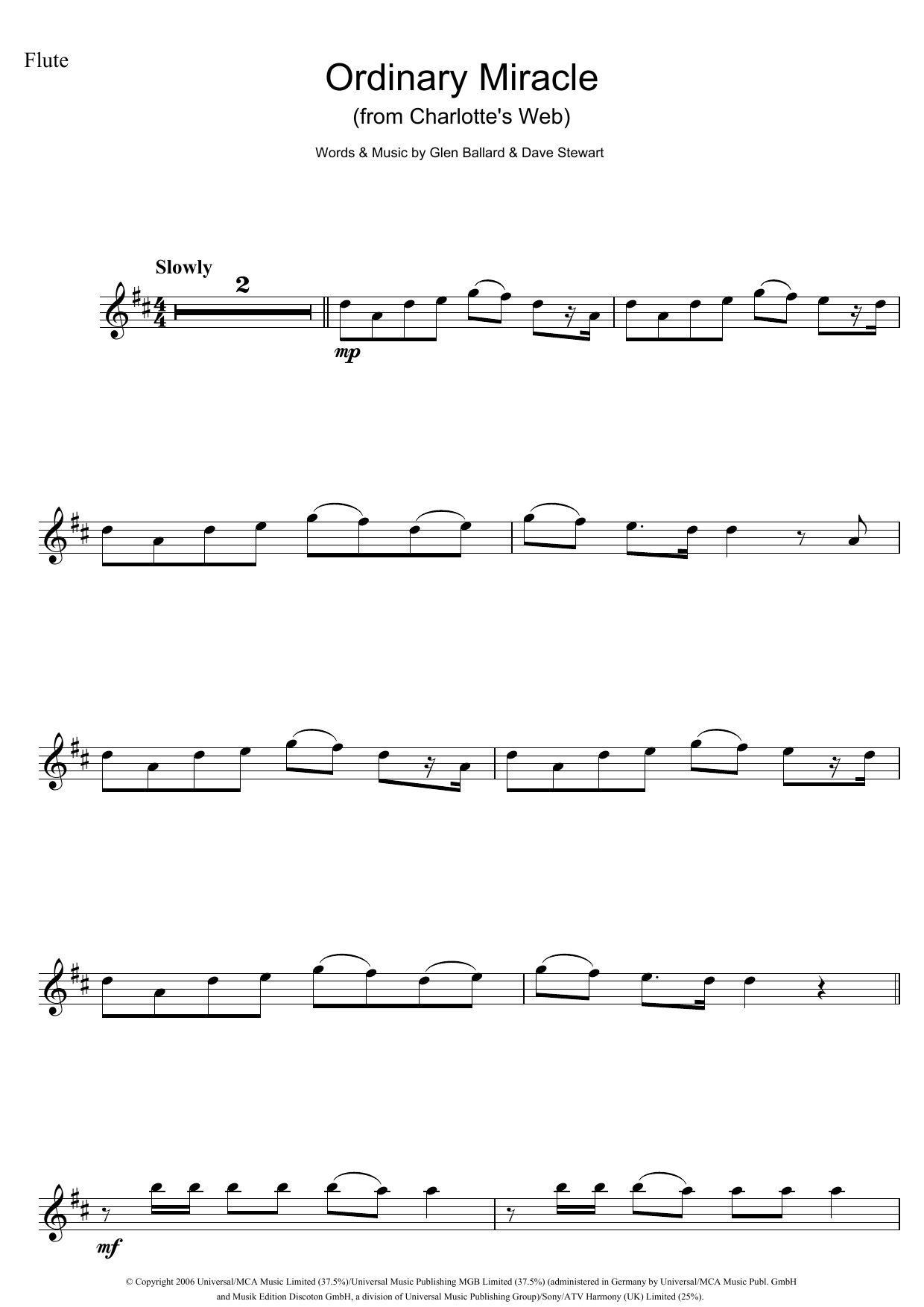 Download Sarah McLachlan Ordinary Miracle (from Charlotte's Web) Sheet Music and learn how to play Flute PDF digital score in minutes