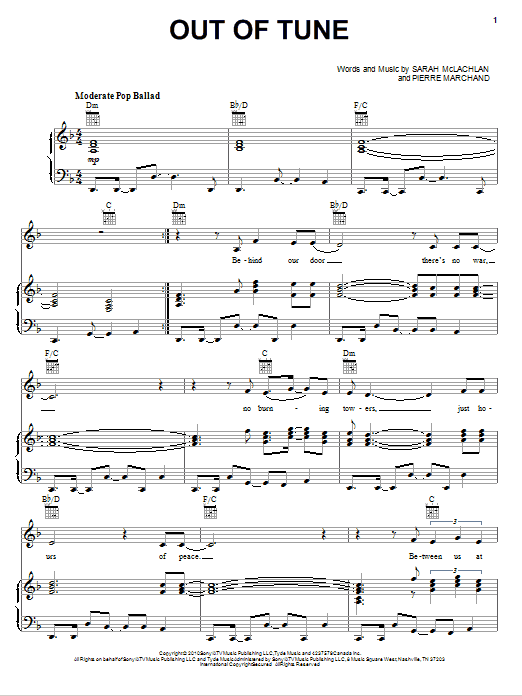 Download Sarah McLachlan Out Of Tune Sheet Music and learn how to play Piano, Vocal & Guitar (Right-Hand Melody) PDF digital score in minutes