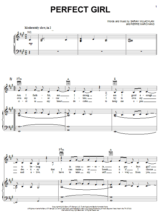 Download Sarah McLachlan Perfect Girl Sheet Music and learn how to play Piano, Vocal & Guitar (Right-Hand Melody) PDF digital score in minutes