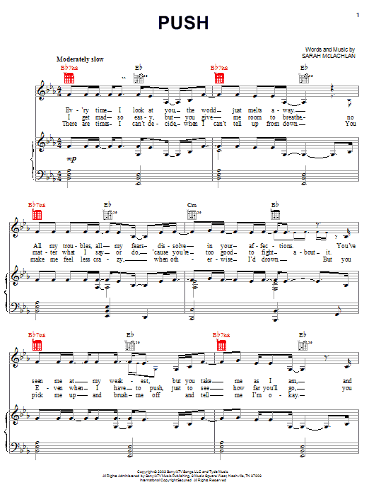 Download Sarah McLachlan Push Sheet Music and learn how to play Piano, Vocal & Guitar (Right-Hand Melody) PDF digital score in minutes