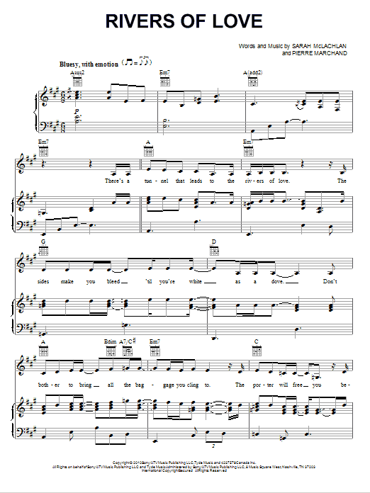 Download Sarah McLachlan Rivers Of Love Sheet Music and learn how to play Piano, Vocal & Guitar (Right-Hand Melody) PDF digital score in minutes