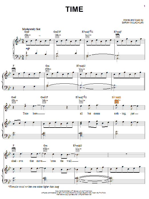 Download Sarah McLachlan Time Sheet Music and learn how to play Piano, Vocal & Guitar (Right-Hand Melody) PDF digital score in minutes