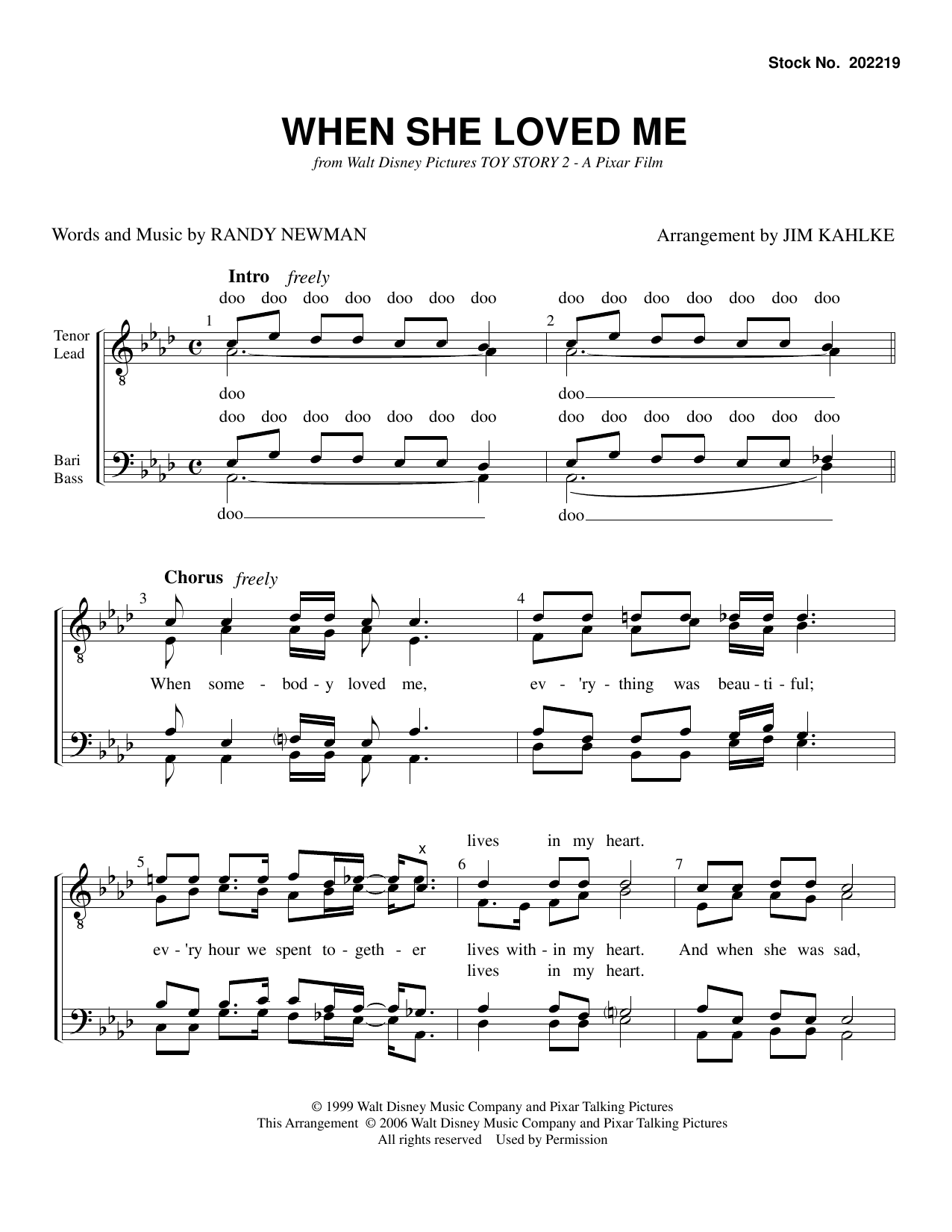 Download Sarah McLachlan When She Loved Me (from Toy Story 2) (arr. Jim Kahlke) Sheet Music and learn how to play TTBB Choir PDF digital score in minutes