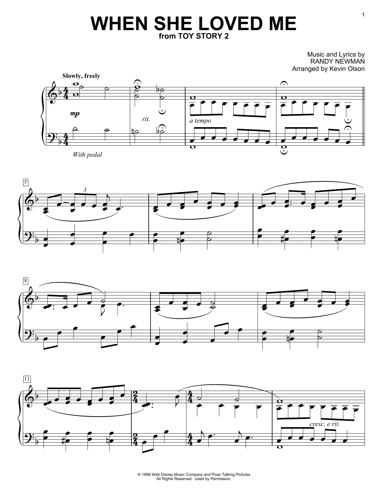 Download Sarah McLachlan When She Loved Me (from Toy Story 2) (arr. Kevin Olson) Sheet Music and learn how to play Easy Piano Solo PDF digital score in minutes
