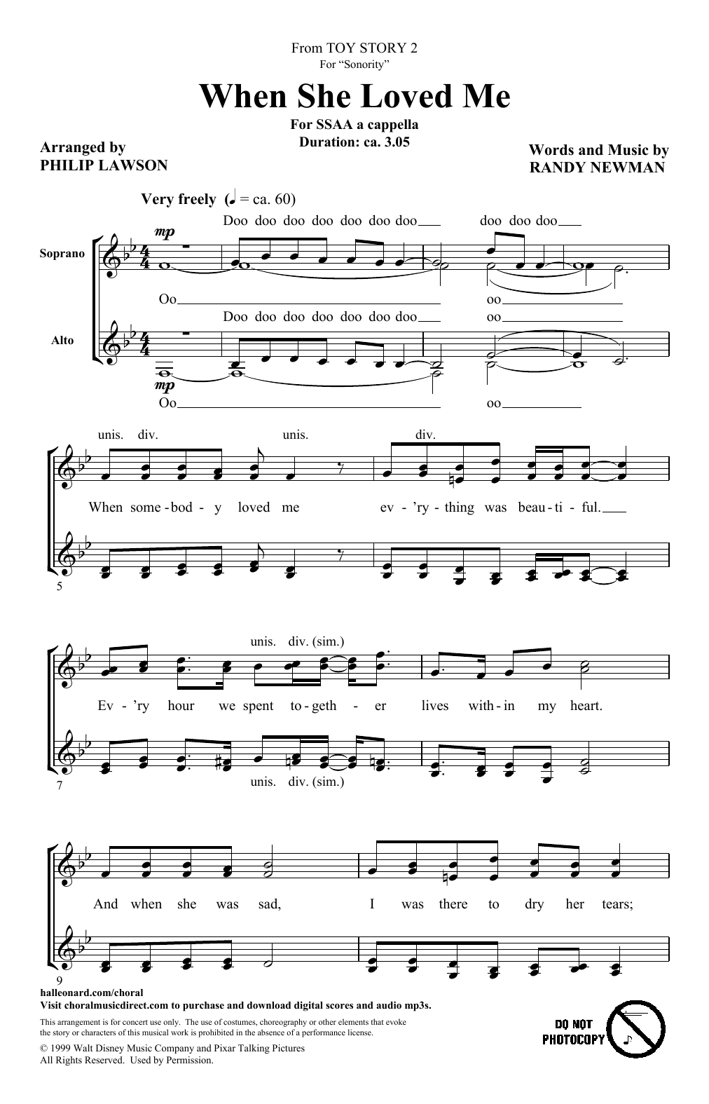 Download Sarah McLachlan When She Loved Me (from Toy Story 2) (arr. Philip Lawson) Sheet Music and learn how to play SSA Choir PDF digital score in minutes