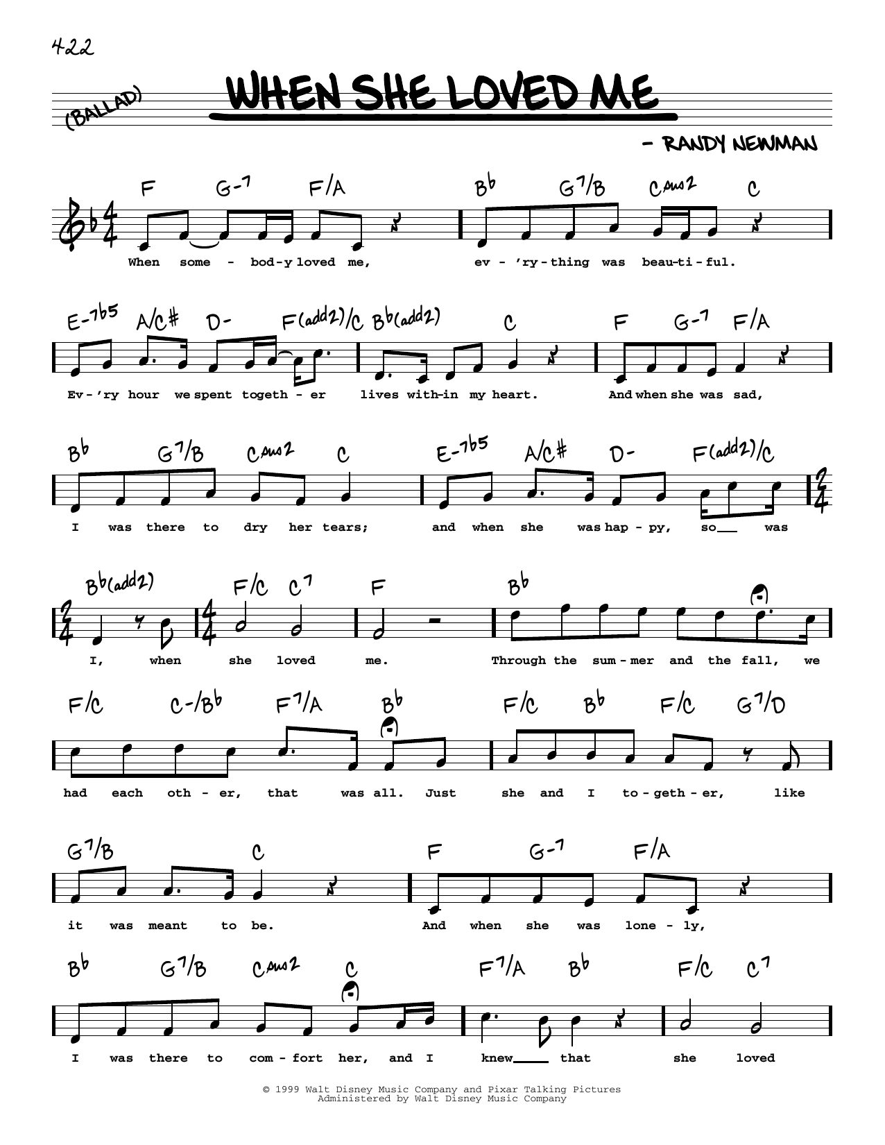 Download Sarah McLachlan When She Loved Me (High Voice) (from Toy Story 2) Sheet Music and learn how to play Real Book – Melody, Lyrics & Chords PDF digital score in minutes