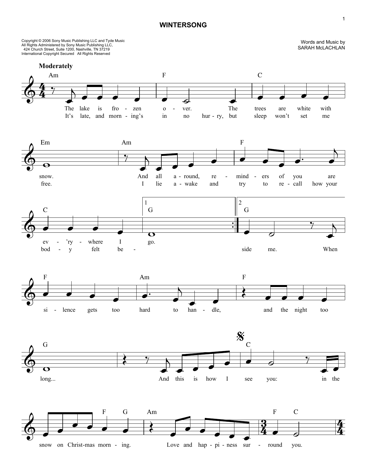 Download Sarah McLachlan Wintersong Sheet Music and learn how to play Lead Sheet / Fake Book PDF digital score in minutes