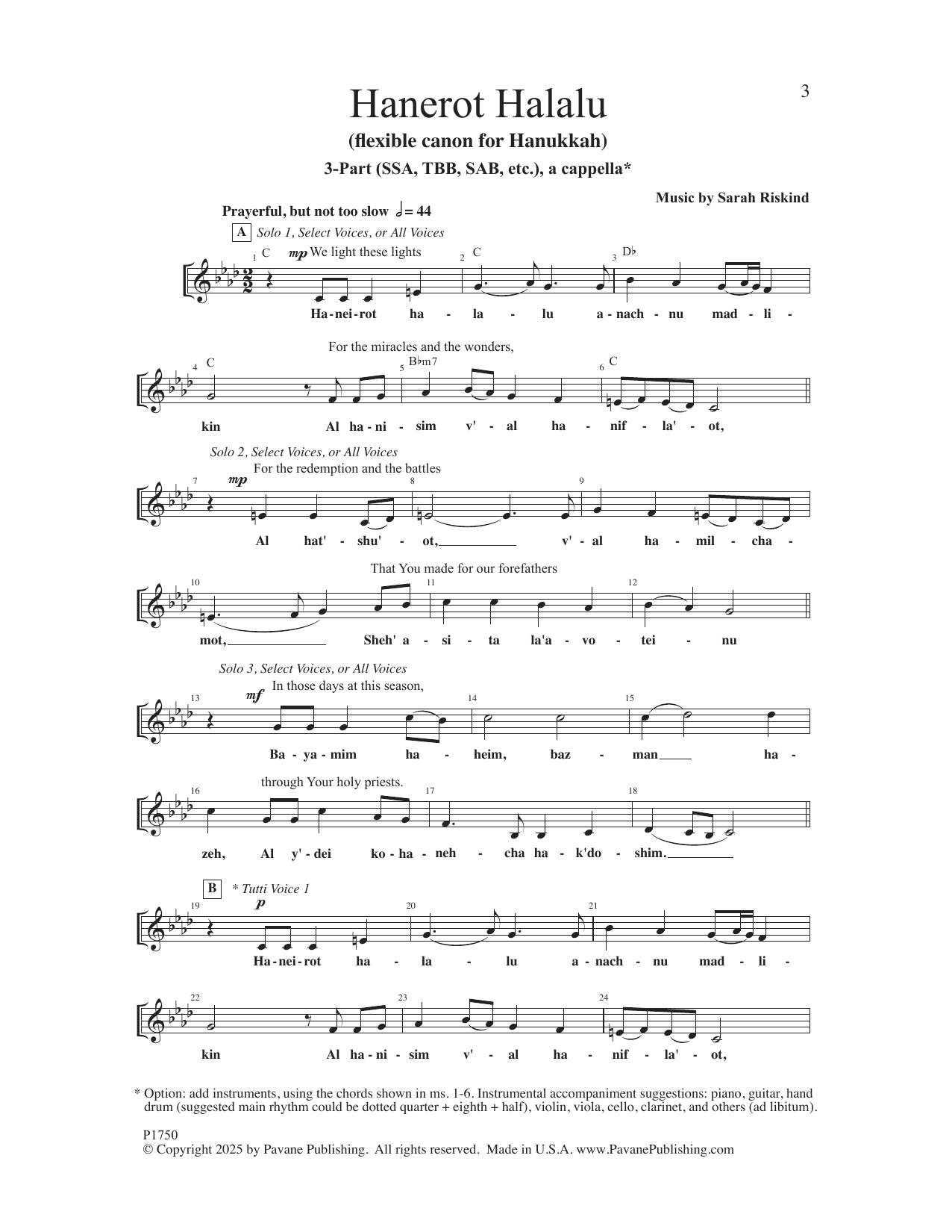 Download Sarah Riskind Hanerot Halalu Sheet Music and learn how to play SSA Choir PDF digital score in minutes