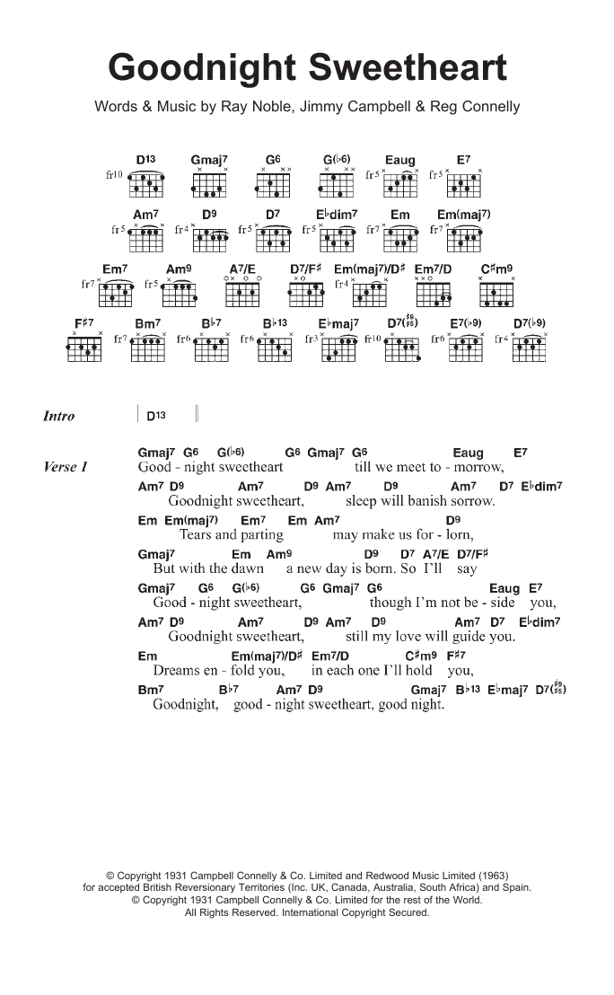 Download Sarah Vaughan Goodnight Sweetheart Sheet Music and learn how to play Lyrics & Chords PDF digital score in minutes