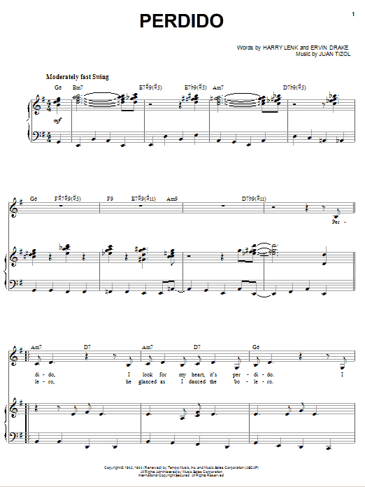 Download Sarah Vaughan Perdido Sheet Music and learn how to play Piano, Vocal & Guitar (Right-Hand Melody) PDF digital score in minutes