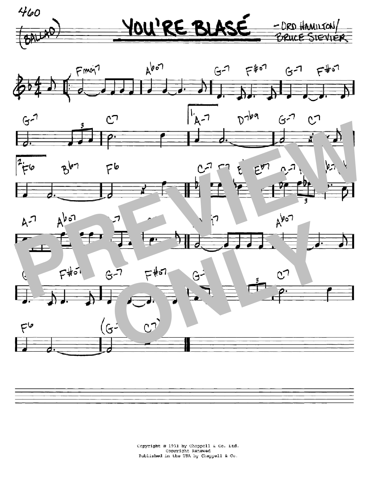 Download Sarah Vaughan You're Blase Sheet Music and learn how to play Real Book – Melody & Chords – C Instruments PDF digital score in minutes