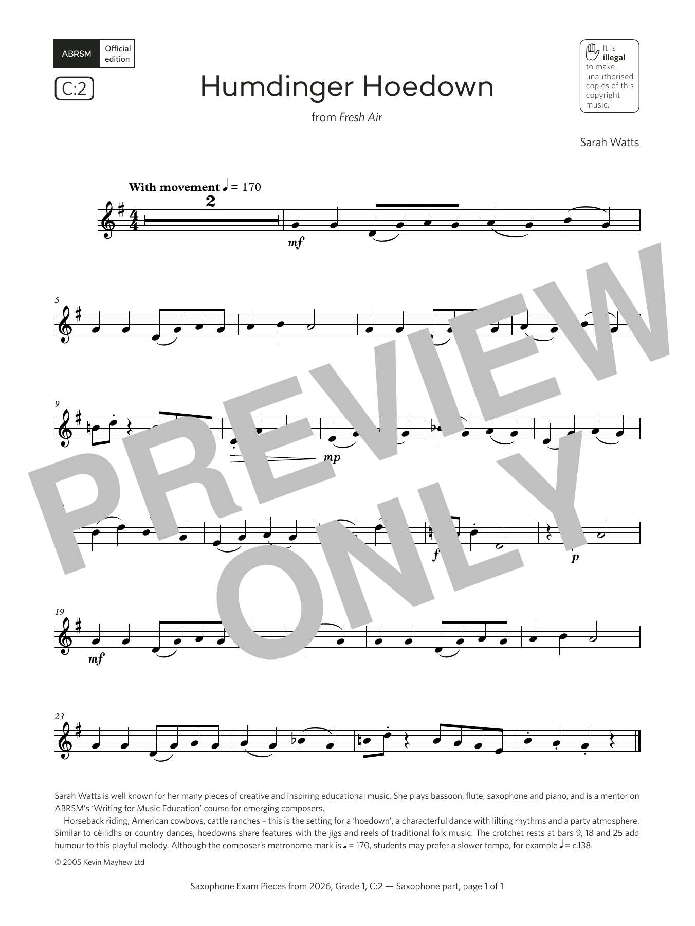 Download Sarah Watts Humdinger Hoedown (Grade 1, list C2, from the ABRSM Saxophone Syllabus from 2026 Sheet Music and learn how to play Alto Sax Solo PDF digital score in minutes