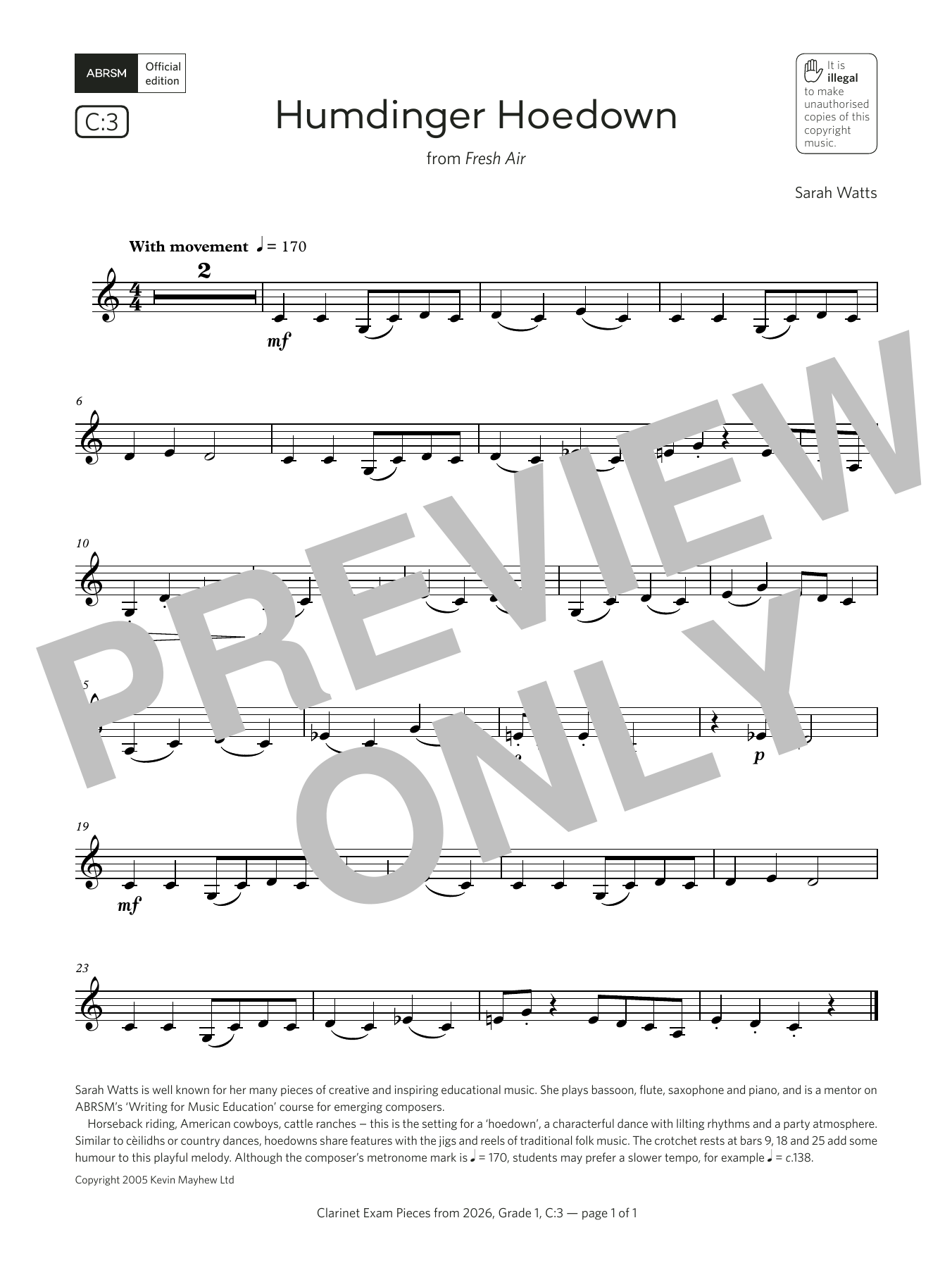 Download Sarah Watts Humdinger Hoedown (Grade 1, list C3, from the ABRSM Clarinet Syllabus from 2026) Sheet Music and learn how to play Clarinet Solo PDF digital score in minutes