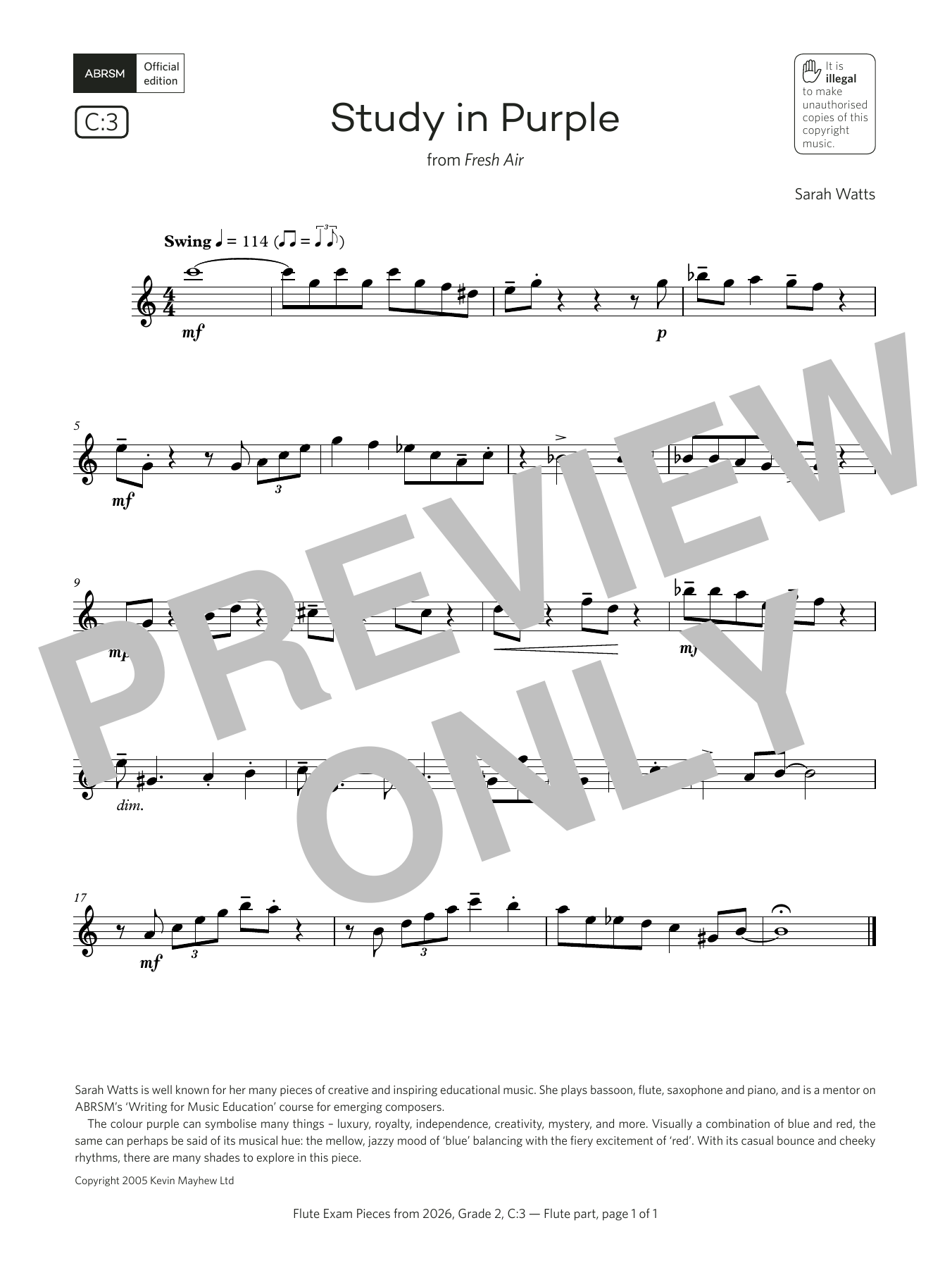 Download Sarah Watts Study in Purple (Grade 2, list C3, from the ABRSM Flute Syllabus from 2026) Sheet Music and learn how to play Flute Solo PDF digital score in minutes