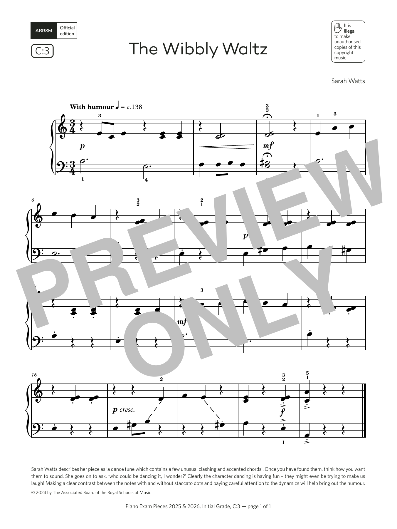 Download Sarah Watts The Wibbly Waltz (Grade Initial, list C3, from the ABRSM Piano Syllabus 2025 & 2 Sheet Music and learn how to play Piano Solo PDF digital score in minutes