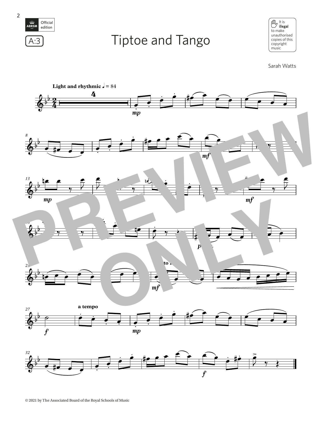 Download Sarah Watts Tiptoe and Tango (Grade 3 List A3 from the ABRSM Flute syllabus from 2022) Sheet Music and learn how to play Flute Solo PDF digital score in minutes