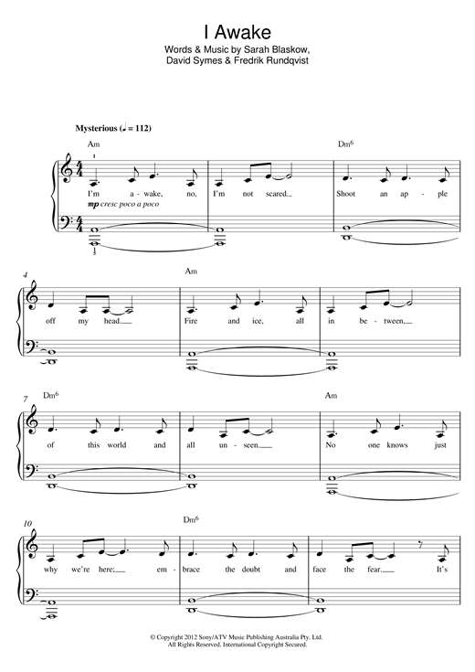 Download Sarah Blasko I Awake Sheet Music and learn how to play Beginner Piano PDF digital score in minutes