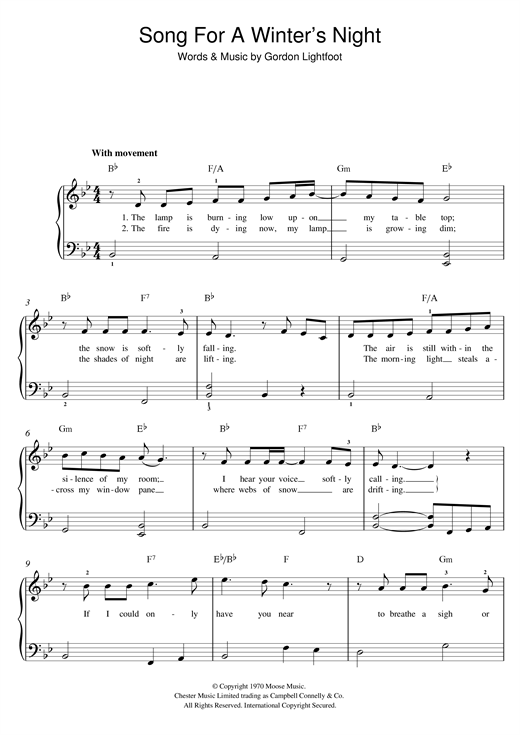 Download Sarah McLachlan Song For A Winter's Night Sheet Music and learn how to play Beginner Piano PDF digital score in minutes