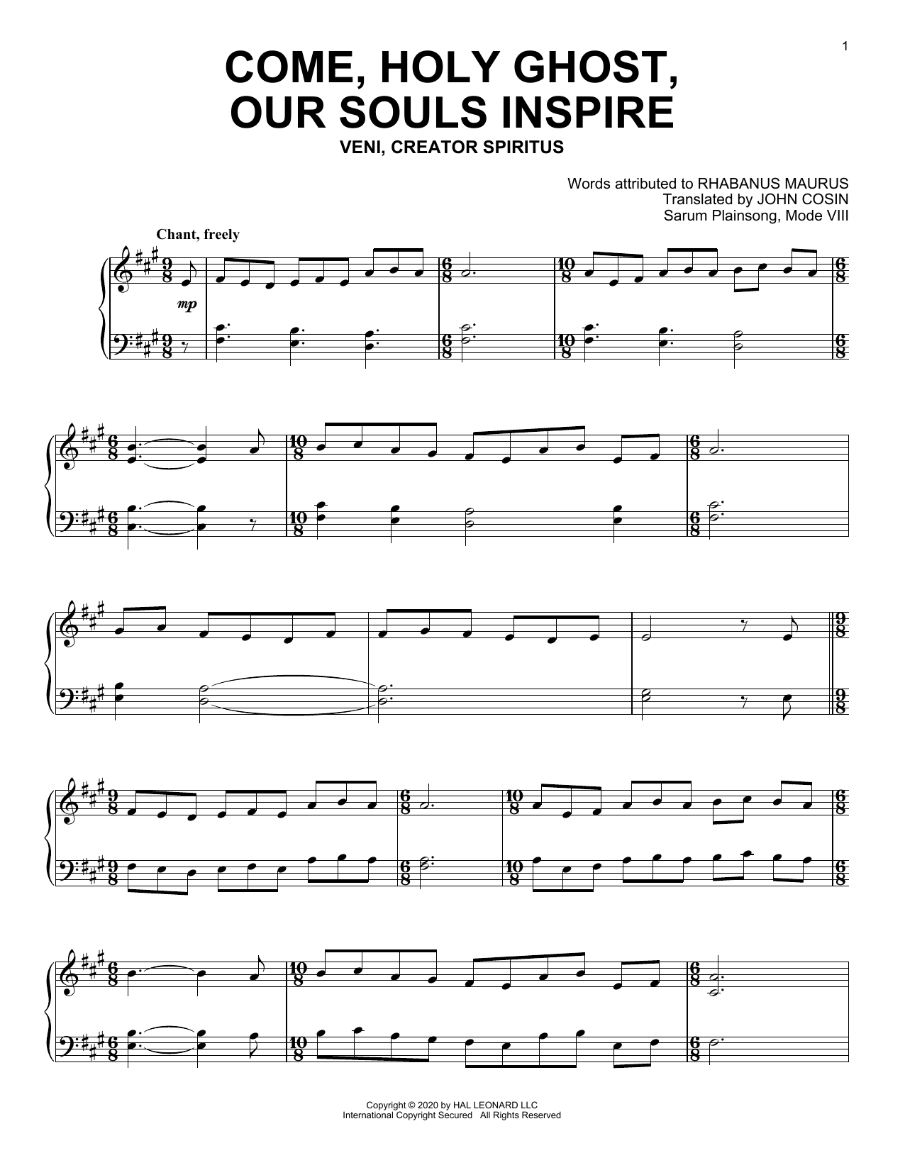 Download Sarum Plainsong Come, Holy Ghost, Our Souls Inspire Sheet Music and learn how to play Piano Solo PDF digital score in minutes