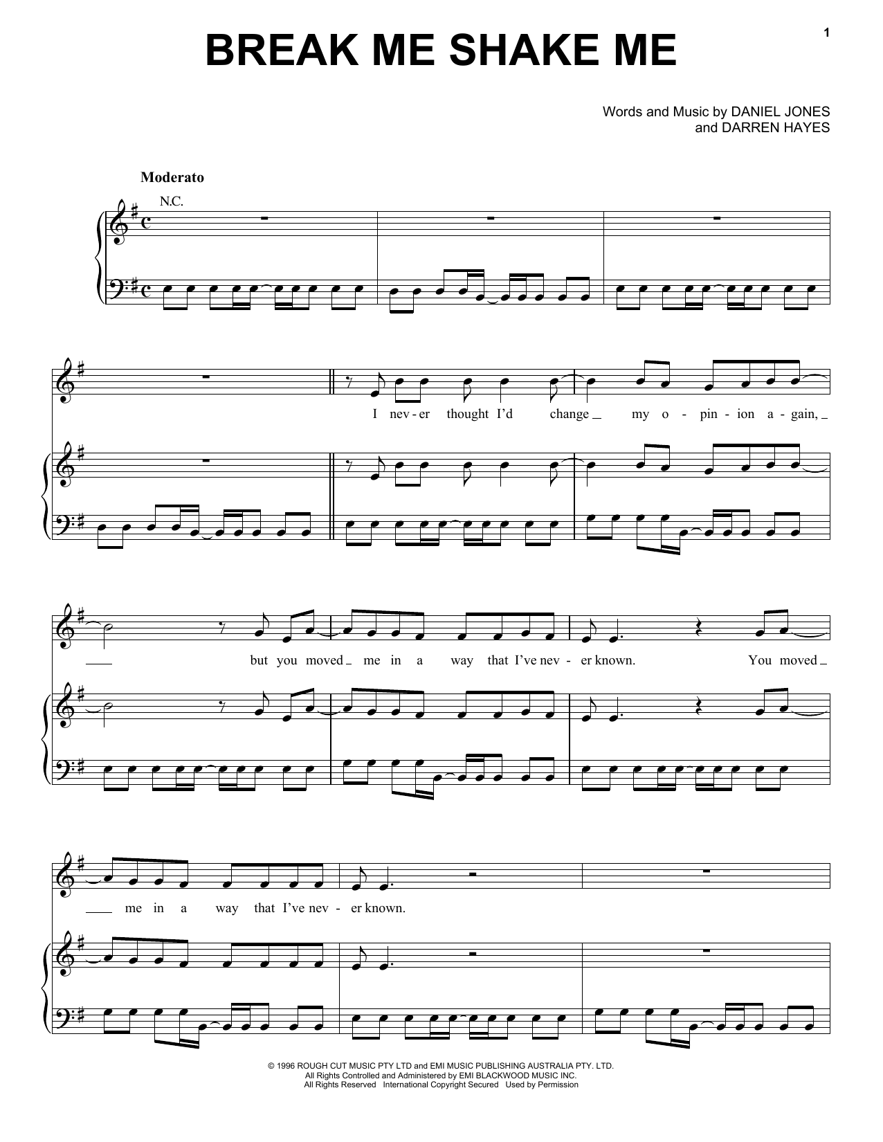 Download Savage Garden Break Me Shake Me Sheet Music and learn how to play Piano, Vocal & Guitar (Right-Hand Melody) PDF digital score in minutes