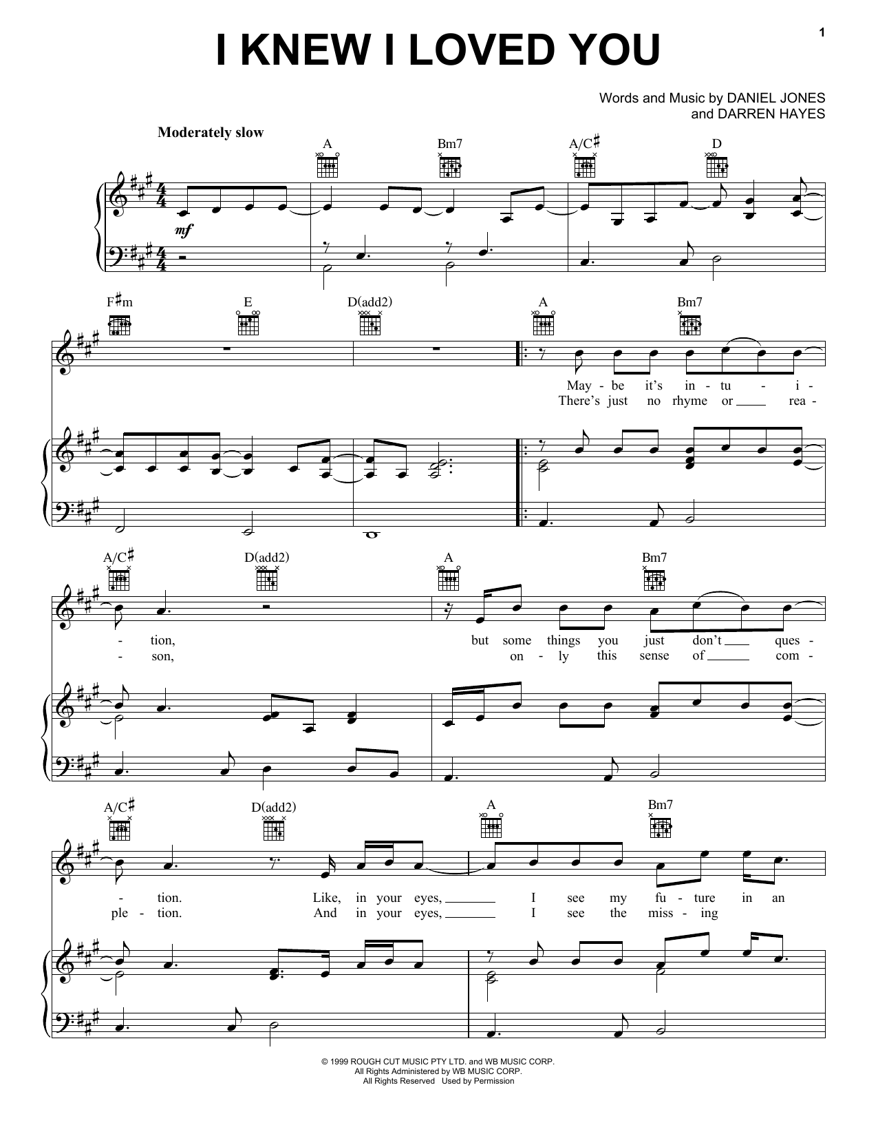 Download Savage Garden I Knew I Loved You Sheet Music and learn how to play Vocal Pro + Piano/Guitar PDF digital score in minutes