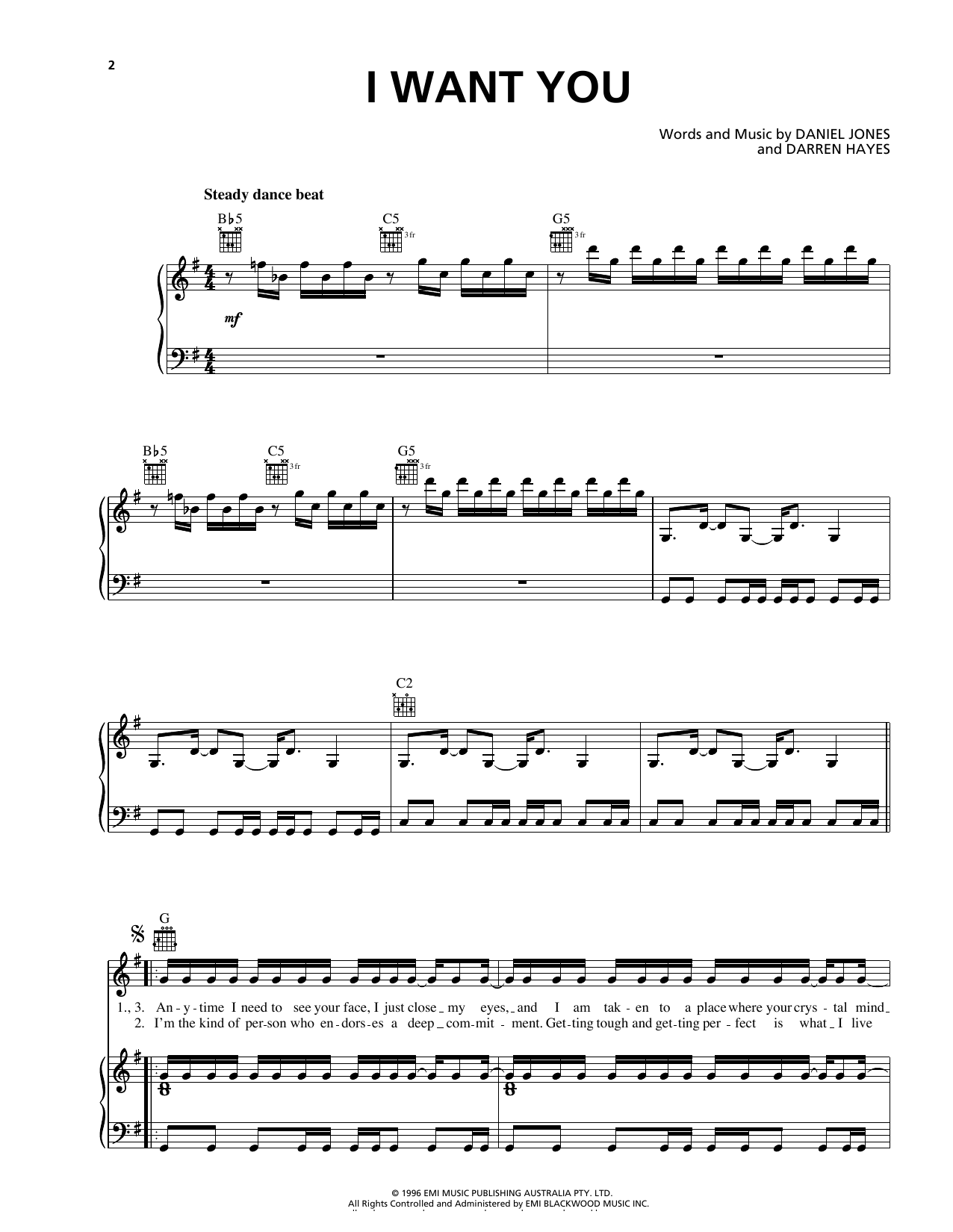 Download Savage Garden I Want You Sheet Music and learn how to play Piano, Vocal & Guitar (Right-Hand Melody) PDF digital score in minutes