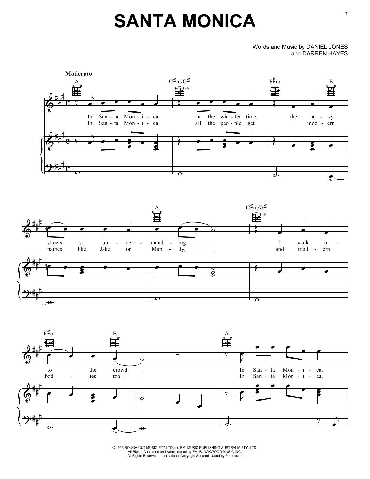 Download Savage Garden Santa Monica Sheet Music and learn how to play Piano, Vocal & Guitar (Right-Hand Melody) PDF digital score in minutes