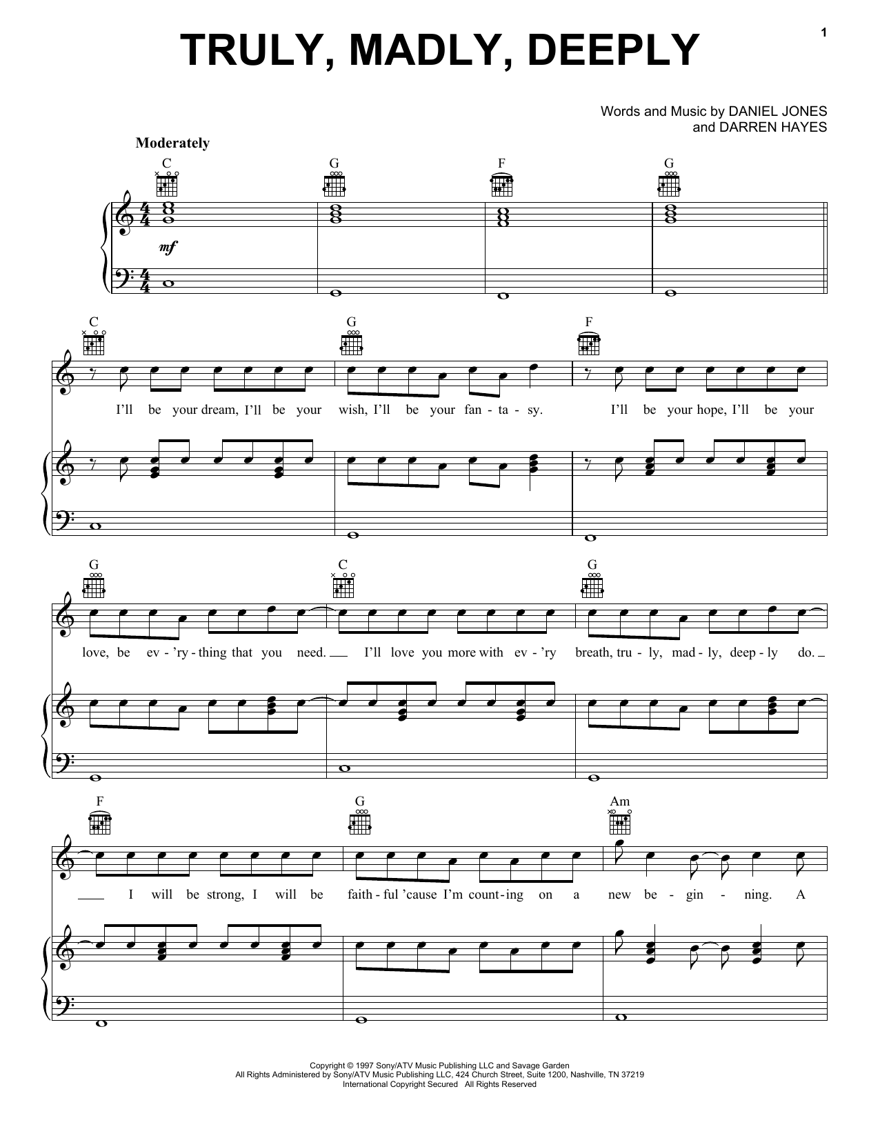 Download Savage Garden Truly, Madly, Deeply Sheet Music and learn how to play Piano, Vocal & Guitar (Right-Hand Melody) PDF digital score in minutes