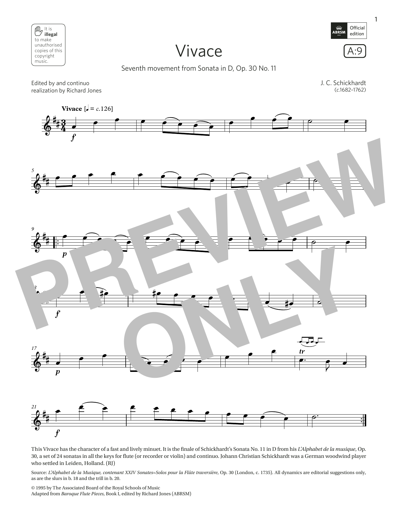 Download Schickhardt Vivace (from Sonata in D, Op. 30 No. 11) (Grade 2 List A9 from the ABRSM Flute s Sheet Music and learn how to play Flute Solo PDF digital score in minutes