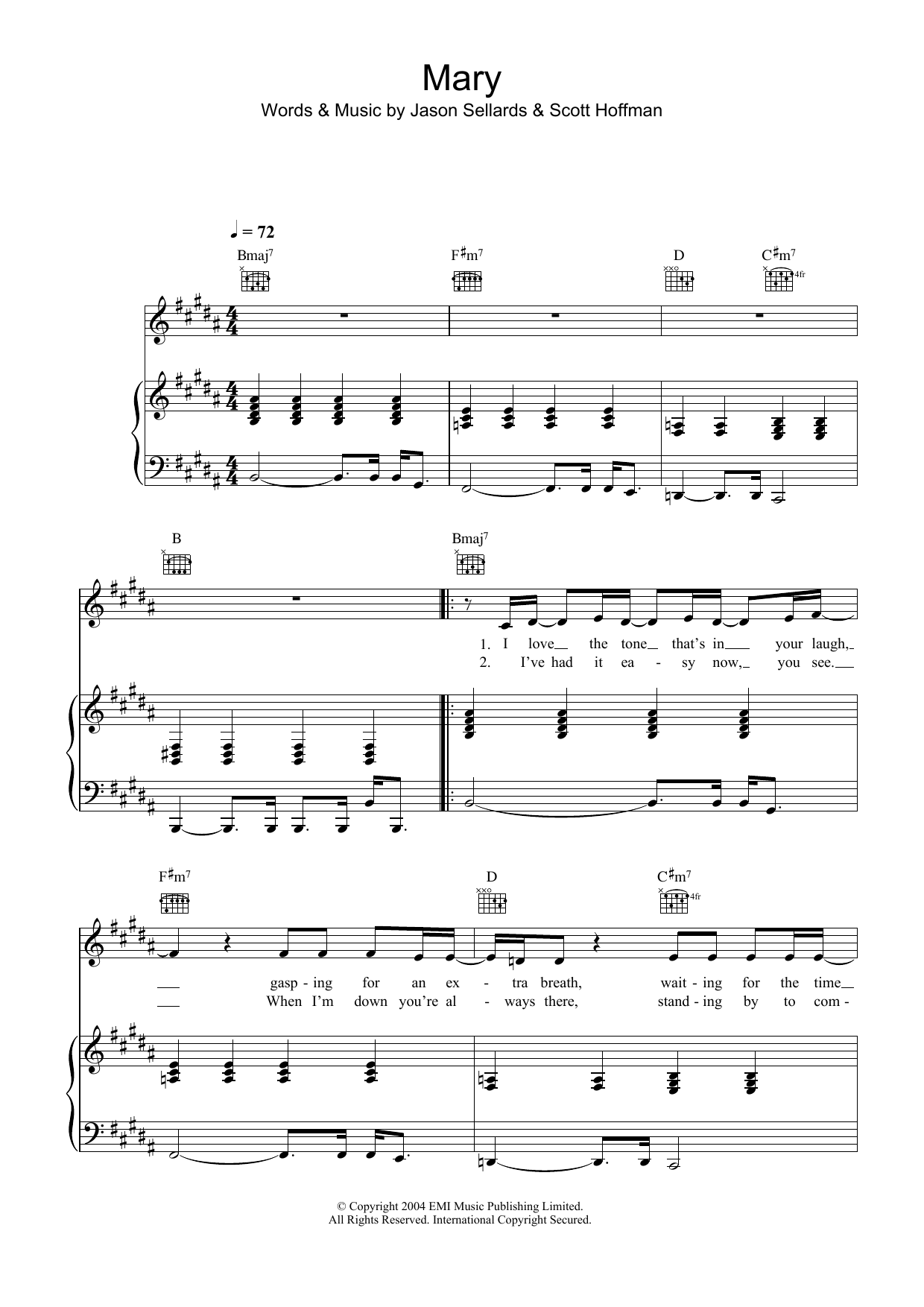 Download Scissor Sisters Mary Sheet Music and learn how to play Piano, Vocal & Guitar (Right-Hand Melody) PDF digital score in minutes