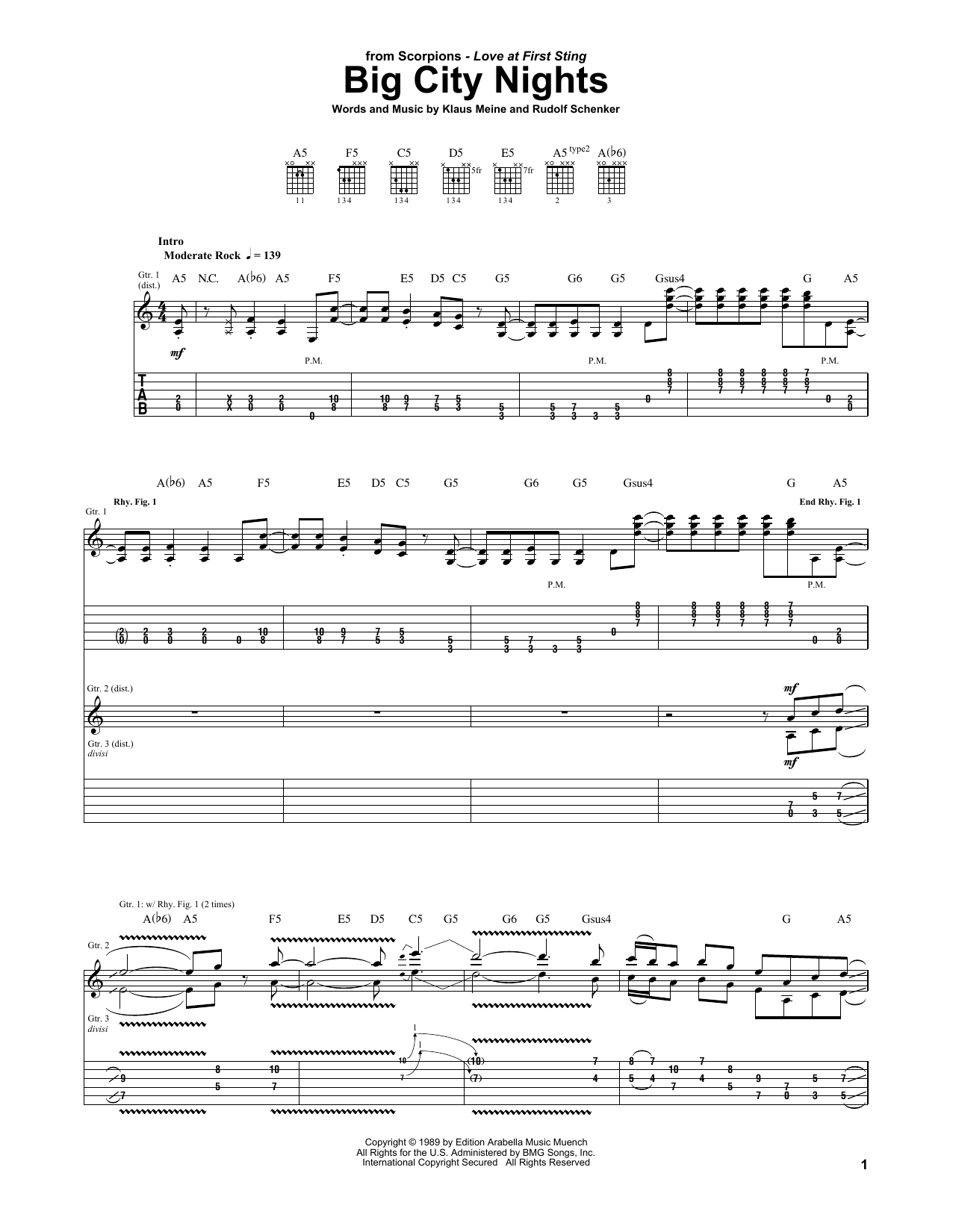 Download Scorpions Big City Nights Sheet Music and learn how to play Guitar Tab PDF digital score in minutes