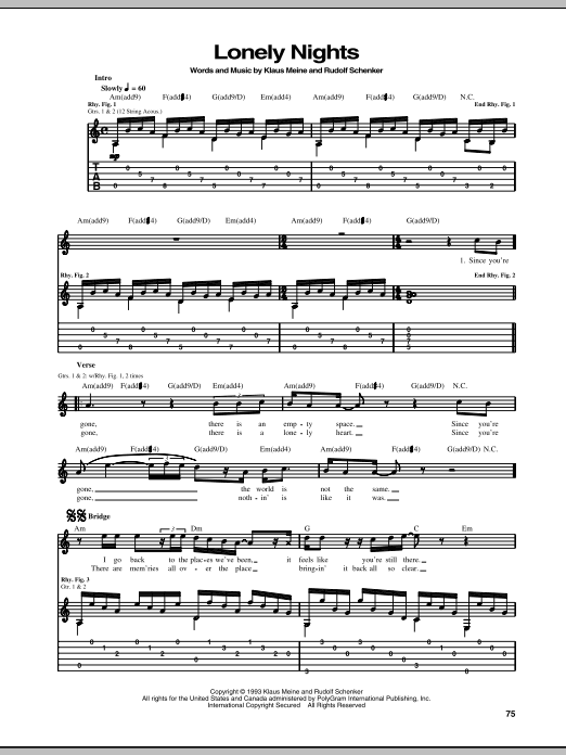 Download Scorpions Lonely Nights Sheet Music and learn how to play Guitar Tab PDF digital score in minutes