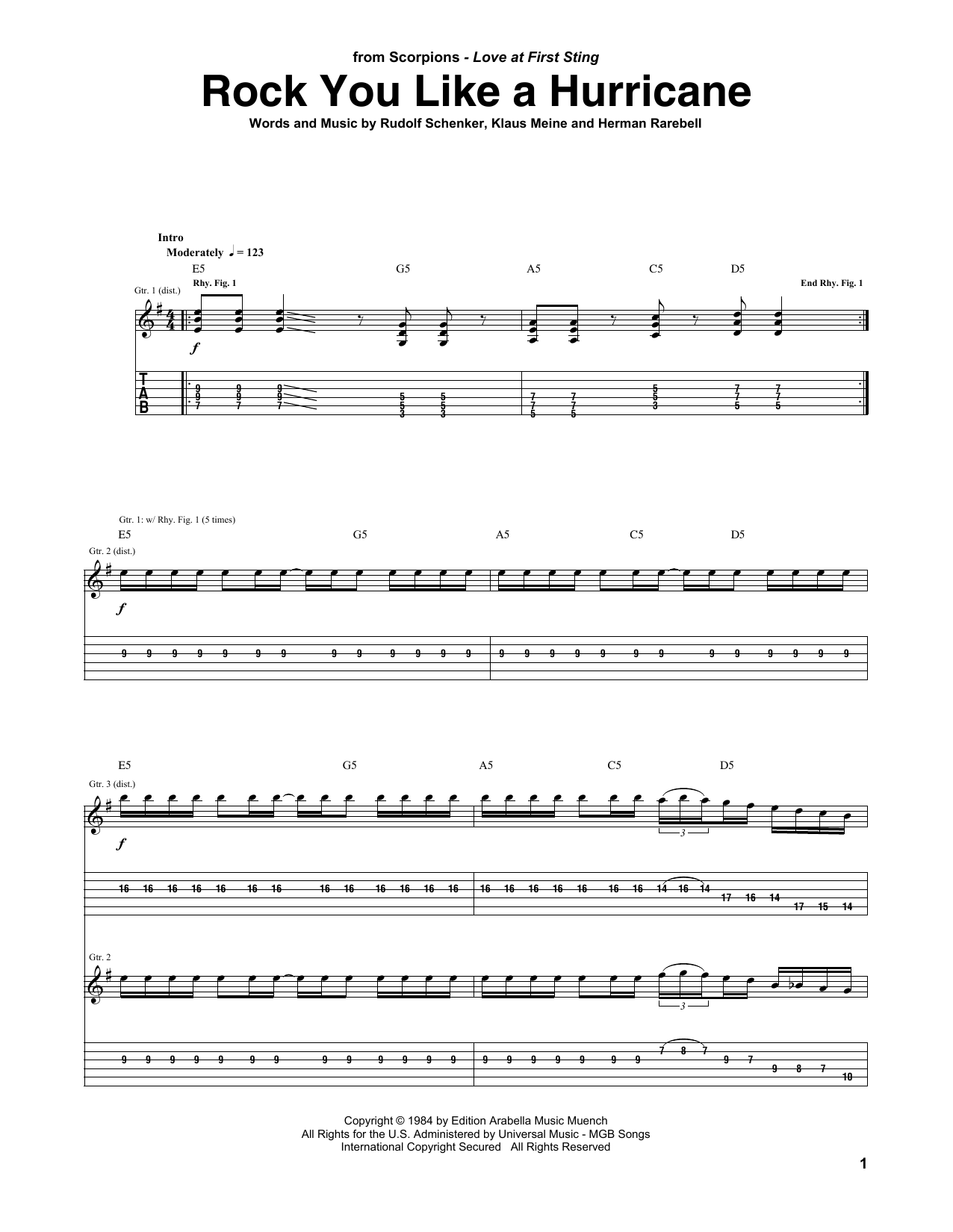 Download Scorpions Rock You Like A Hurricane Sheet Music and learn how to play Really Easy Guitar PDF digital score in minutes