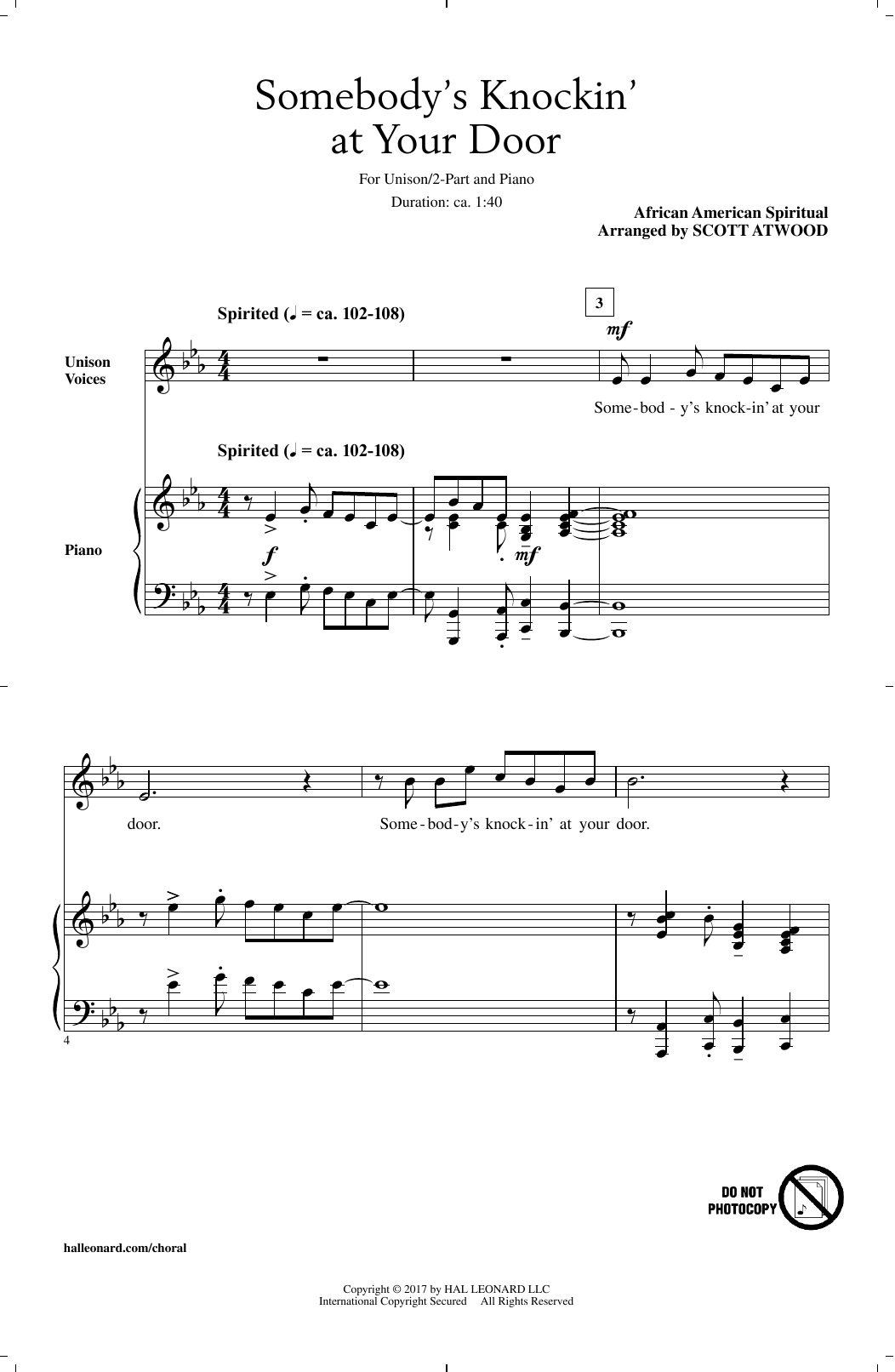 Download African-American Spiritual Somebody's Knockin' At Your Door (arr. Scott Atwood) Sheet Music and learn how to play Unison Choral PDF digital score in minutes