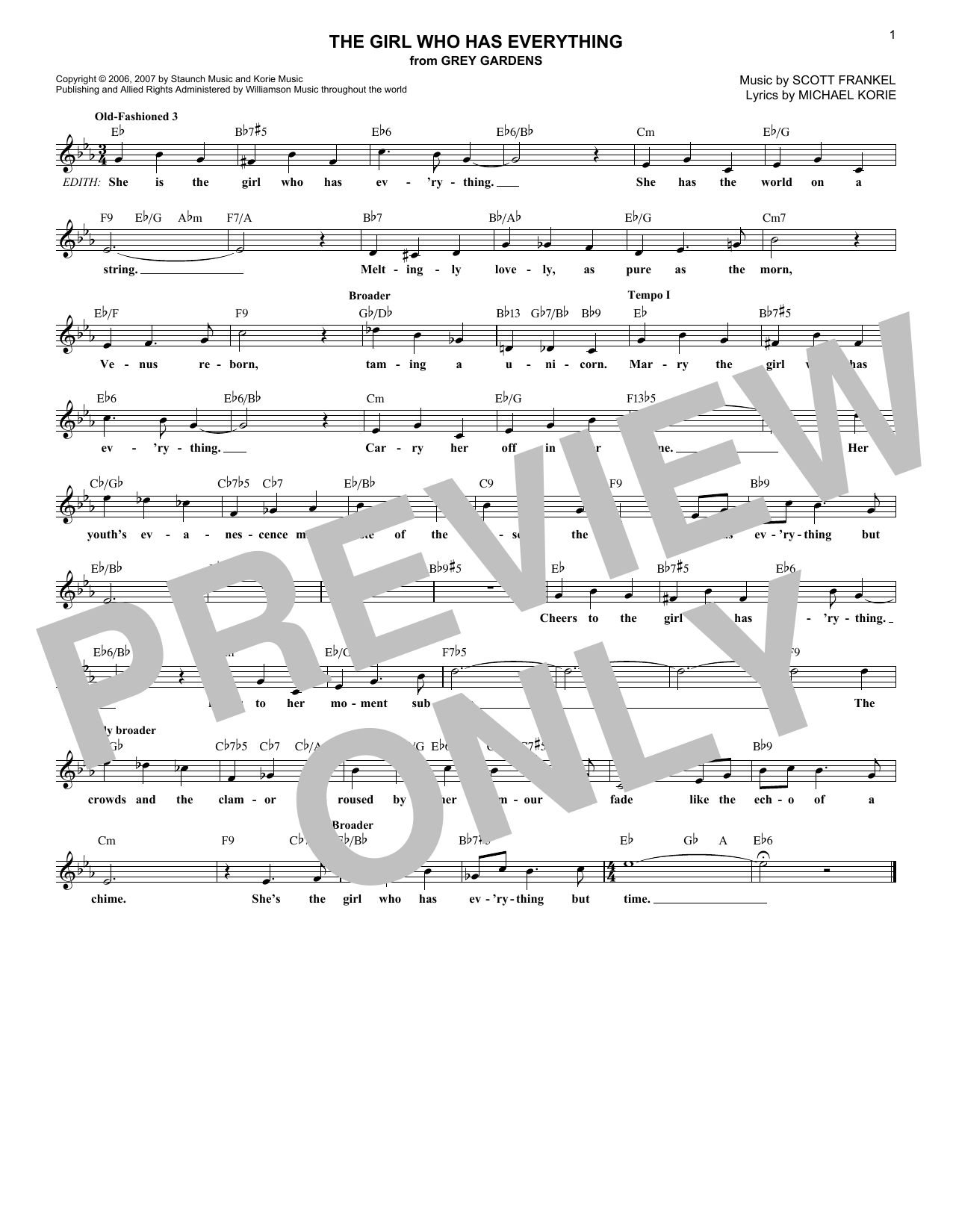 Download Scott Frankel The Girl Who Has Everything Sheet Music and learn how to play Melody Line, Lyrics & Chords PDF digital score in minutes