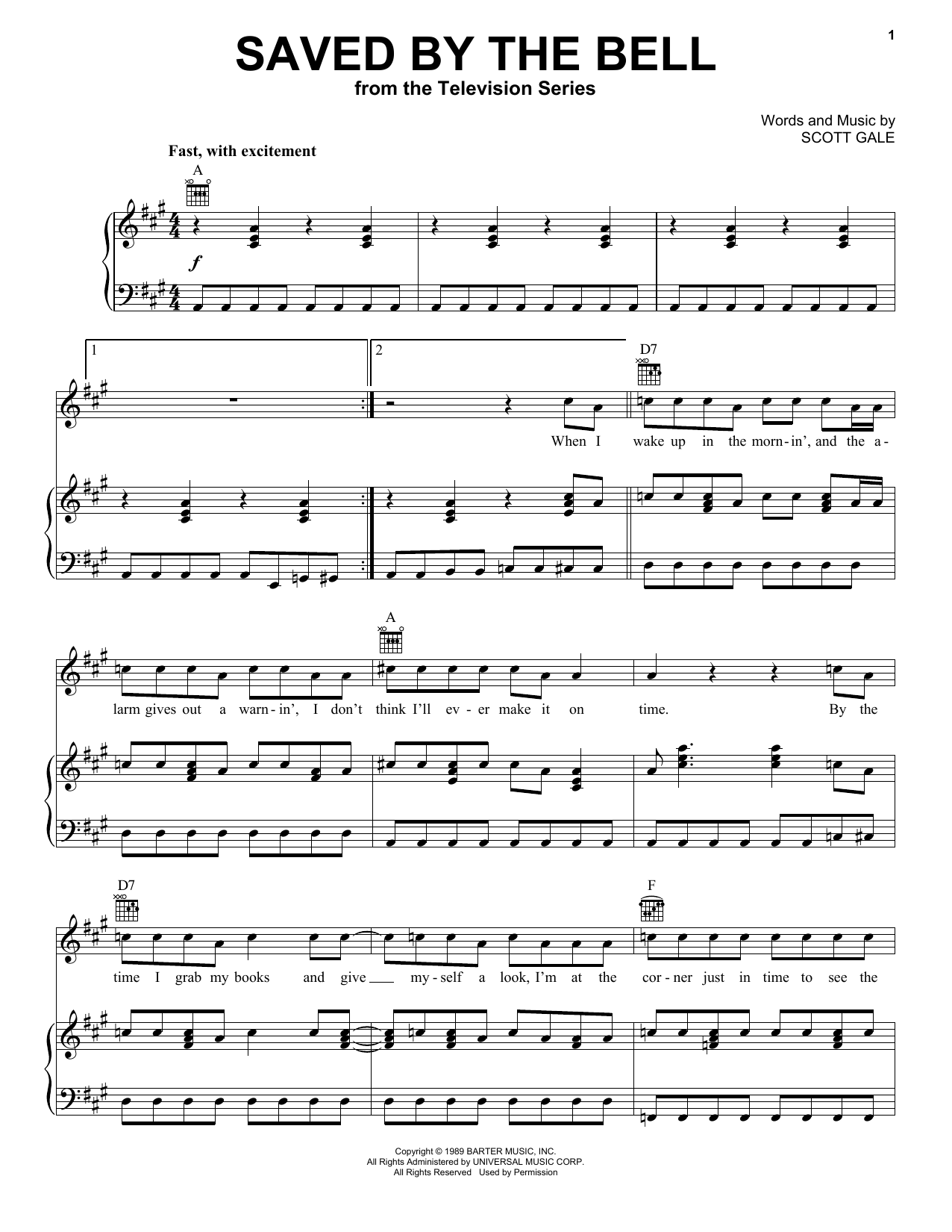 Download Scott Gale Saved By The Bell Sheet Music and learn how to play Piano, Vocal & Guitar Chords (Right-Hand Melody) PDF digital score in minutes